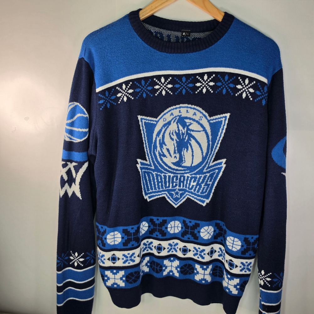 Dallas Mavericks Ugly Christmas Sweater Mens L Blue Holiday Crewneck NBA Flawed